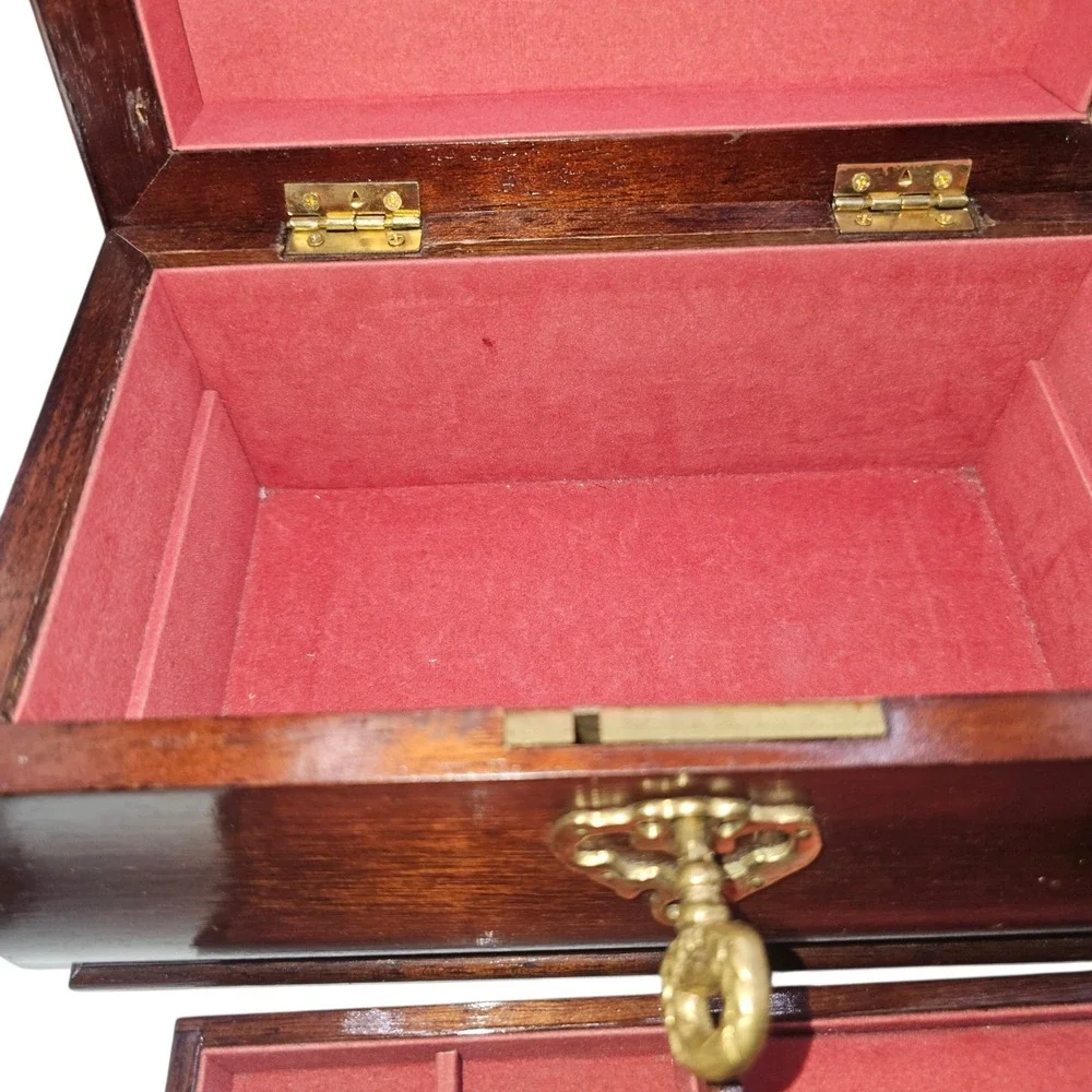 Vintage Virginia Metalcrafters Williamsburg Mahogany Jewelry Chest Box w/ Key